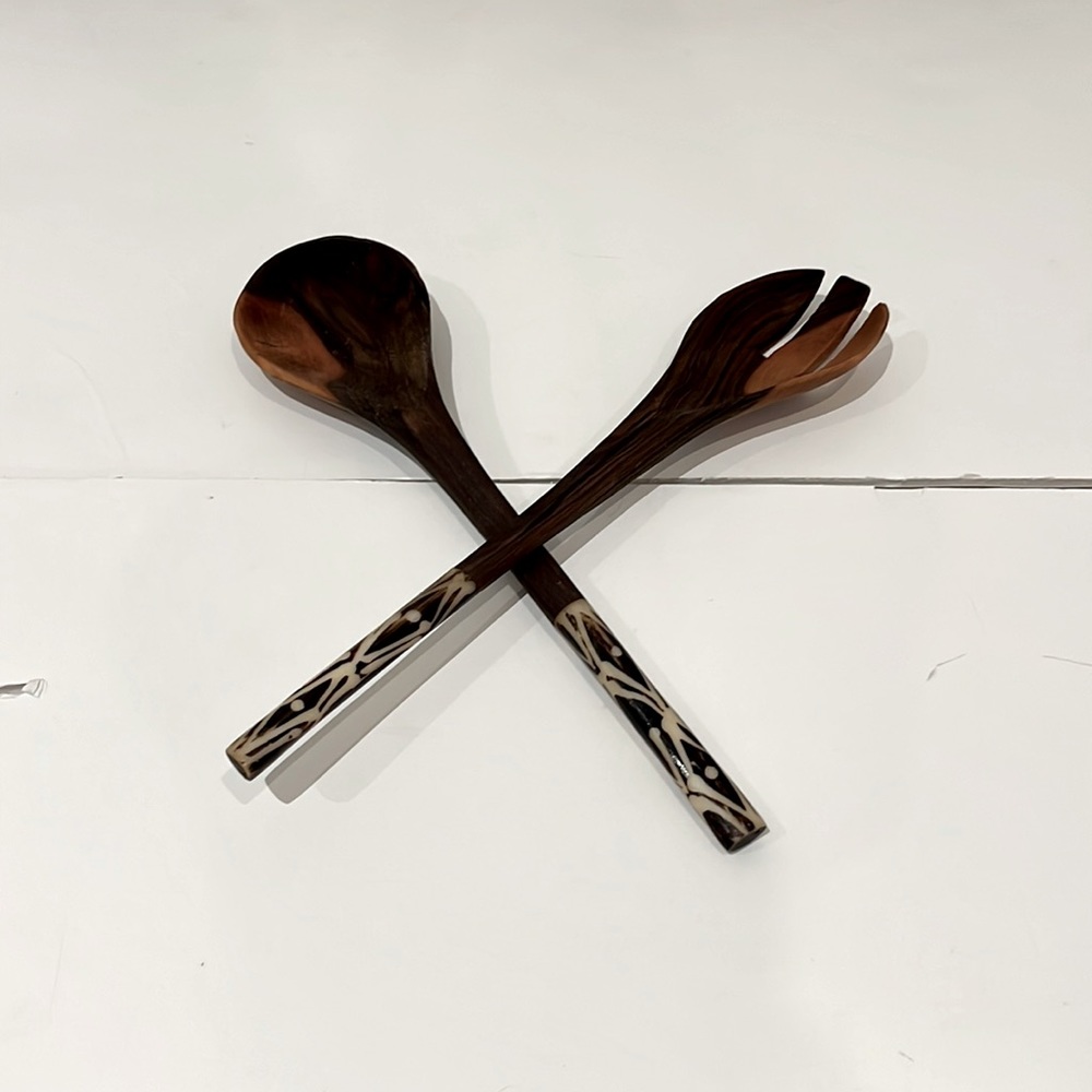 African Style Wooden Salad Servers, Utensil Set, Fork & Spoon